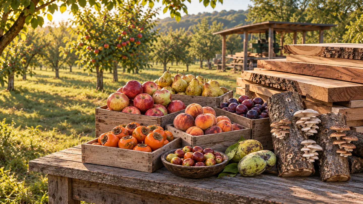 Farm-grown fruit, log-grown mushrooms, and seasonal harvests