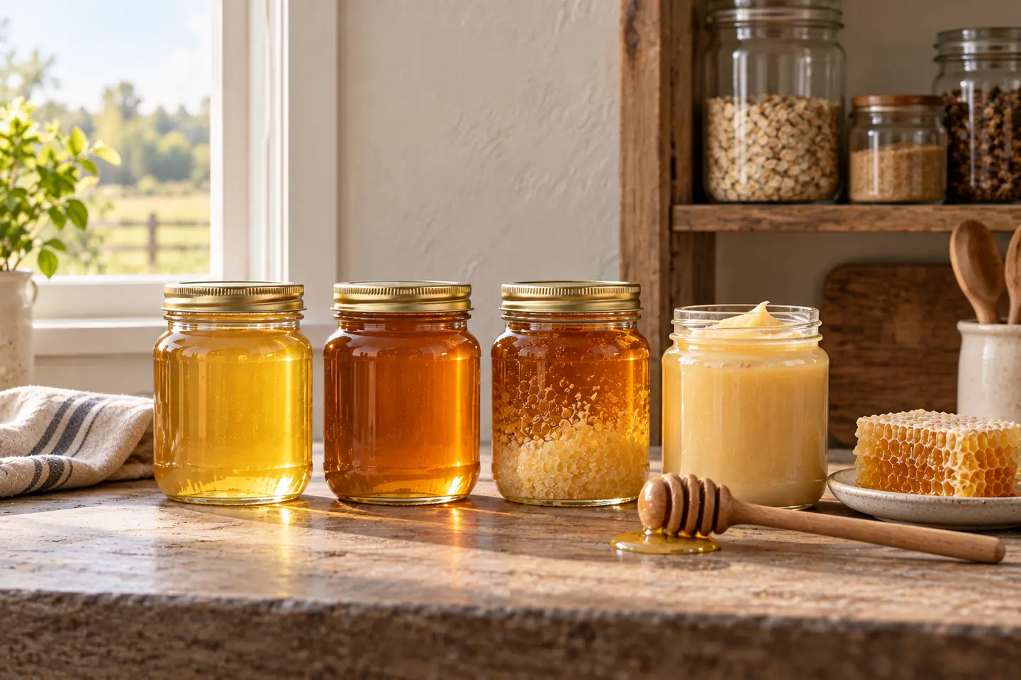 Raw honey, comb honey, and natural ingredients arranged for everyday use