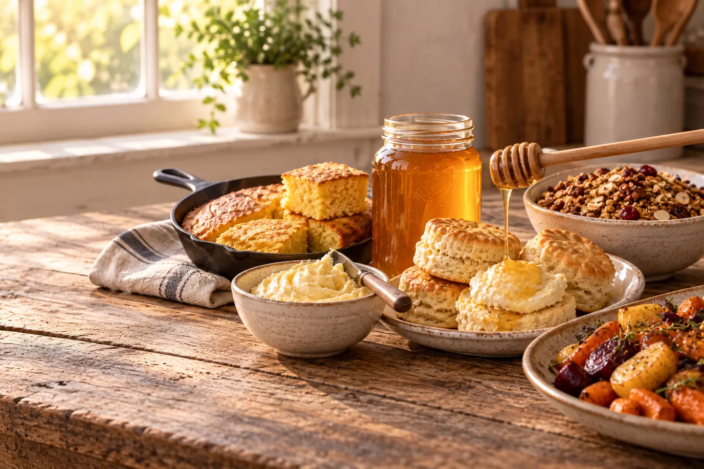 A farm kitchen table with honey and a freshly prepared recipe