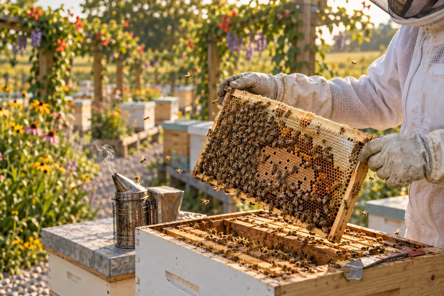 Beekeepers inspecting a hive on the Bloom & Buzz farmstead