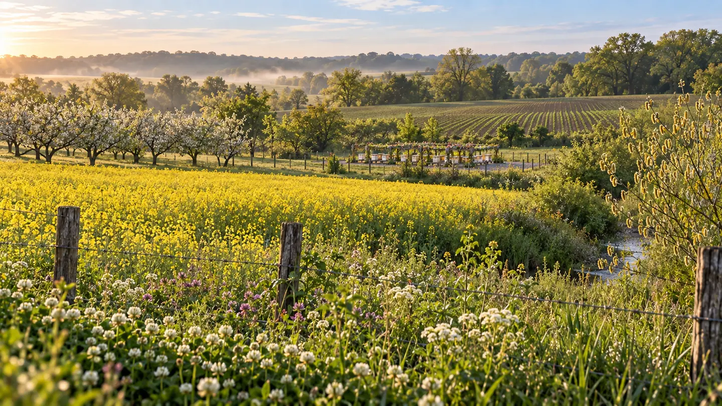 West Tennessee farmland and flowering forage surrounding the apiary