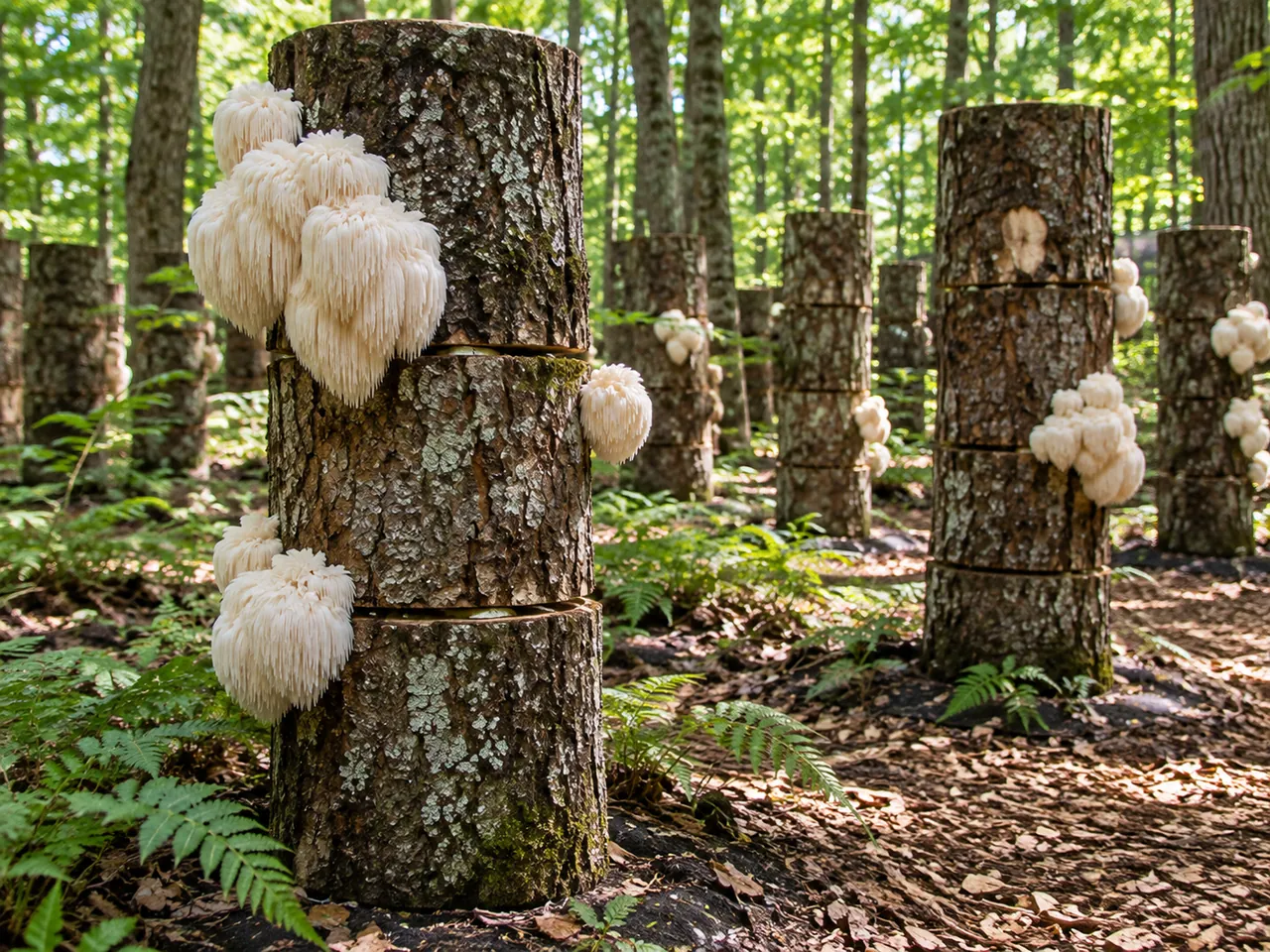 Three-section hardwood mushroom totems fruiting Lion’s Mane mushrooms