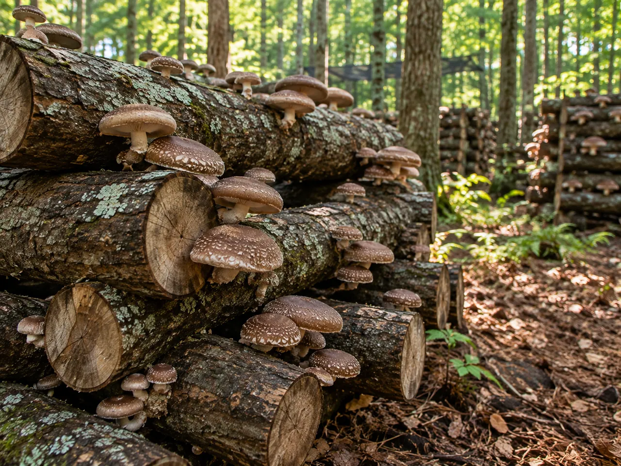 Shiitake mushrooms fruiting from stacked outdoor hardwood cultivation logs