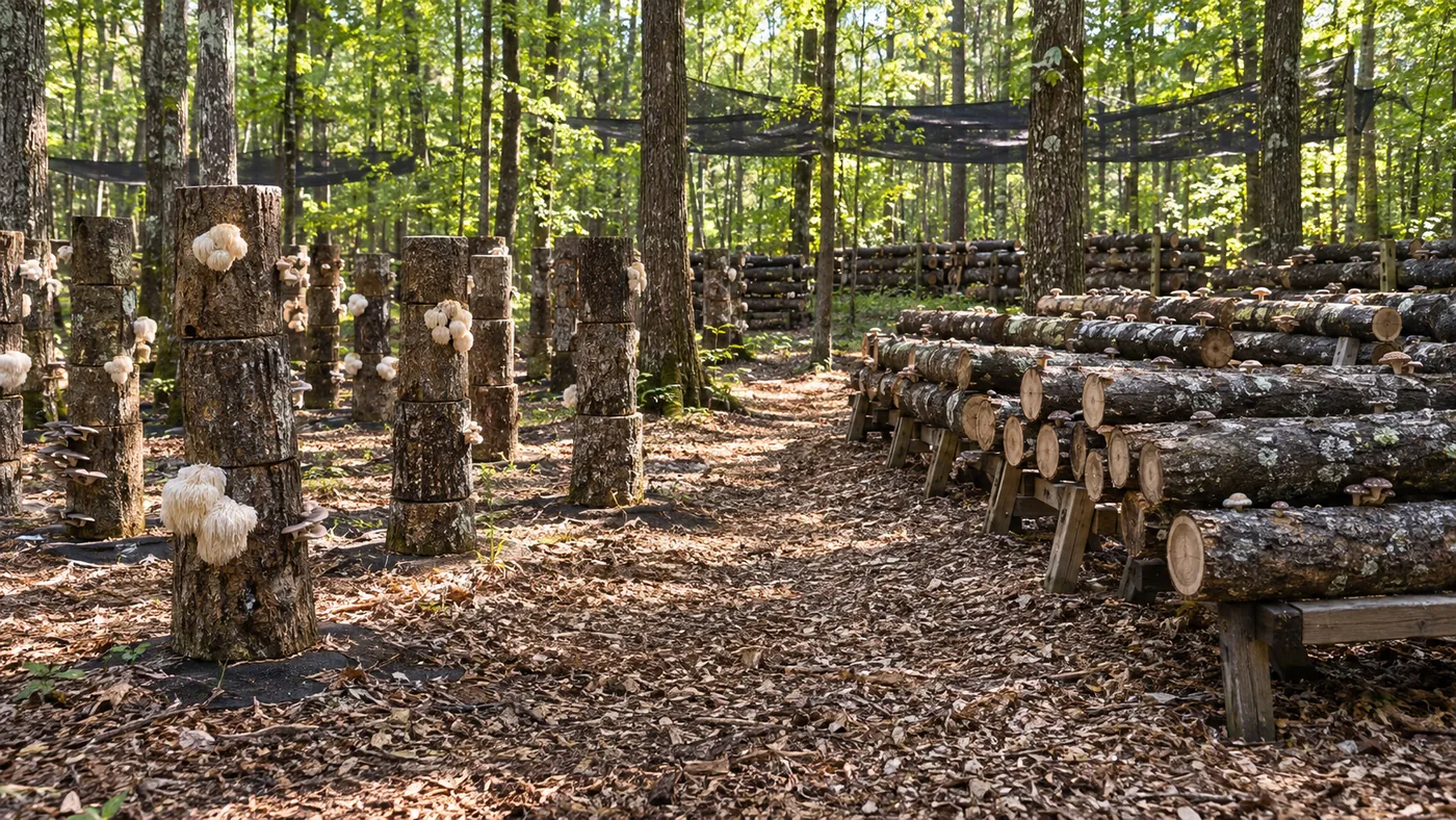 Outdoor woodland mushroom yard with hardwood log stacks and three-section mushroom totems
