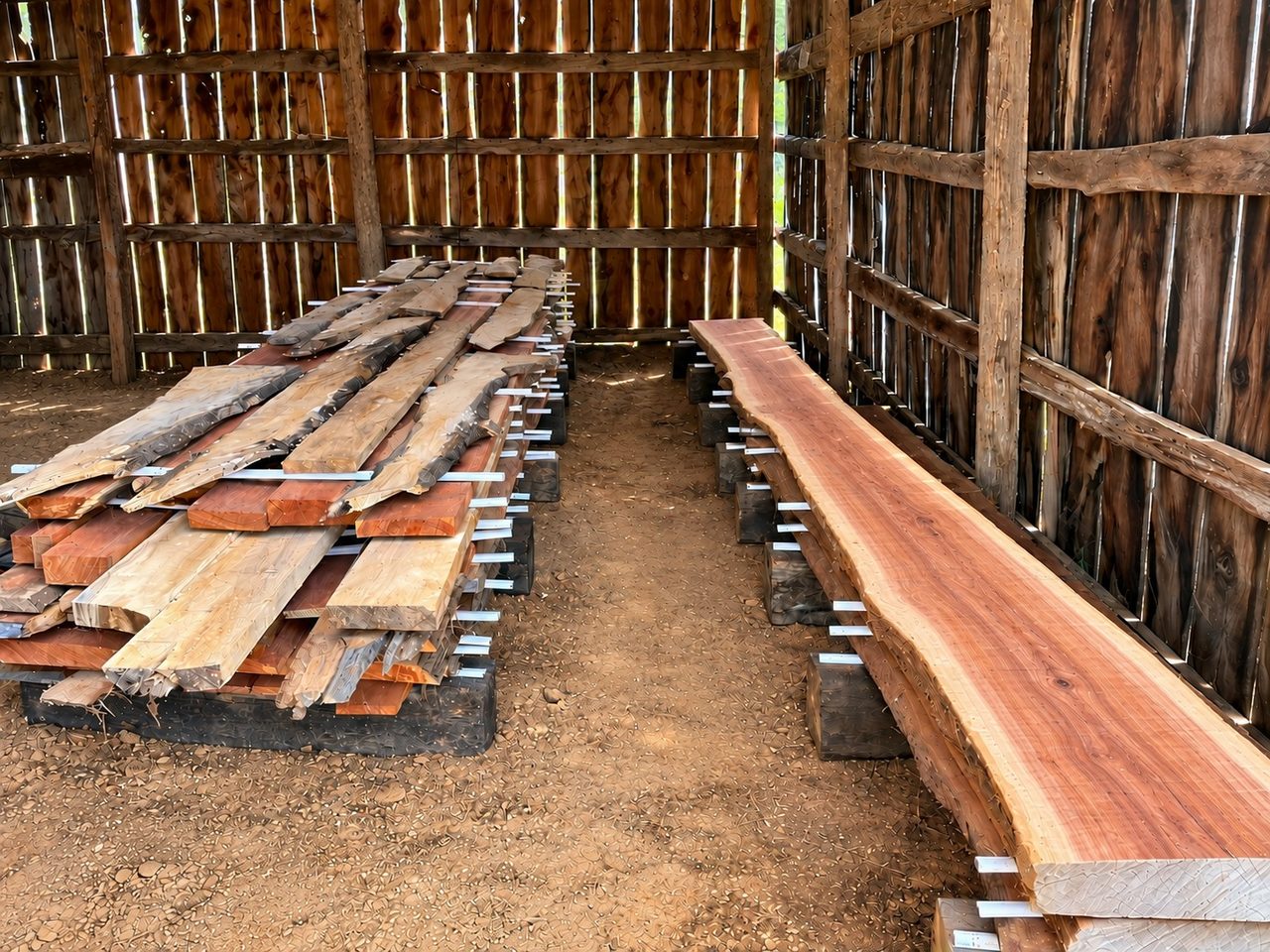 Lumber stacked with stickers for air drying