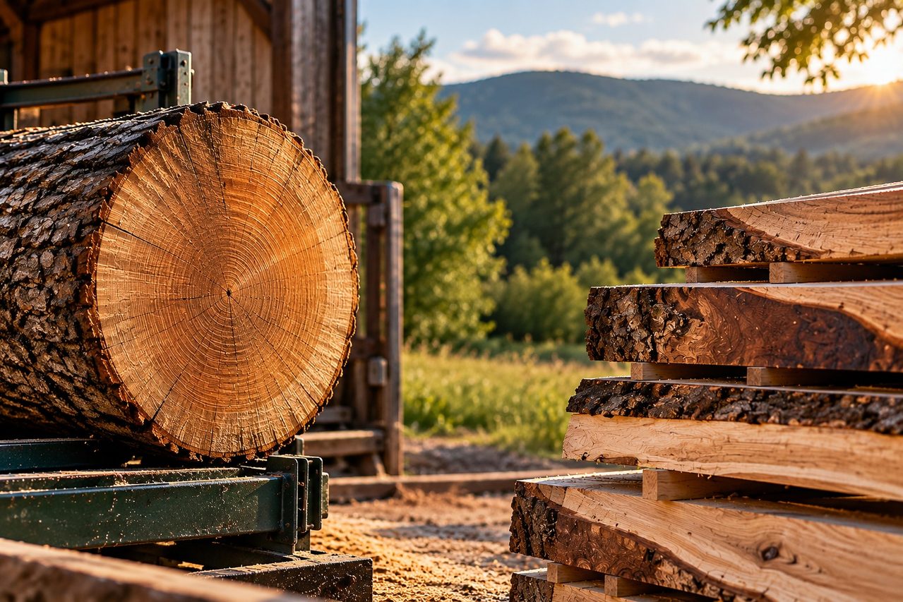 Sawlog beside stacked live-edge lumber at the sawmill
