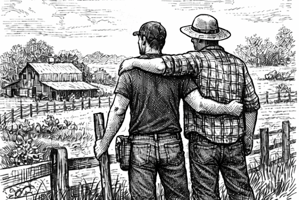 Chris and Quentin at the Stephens farmstead